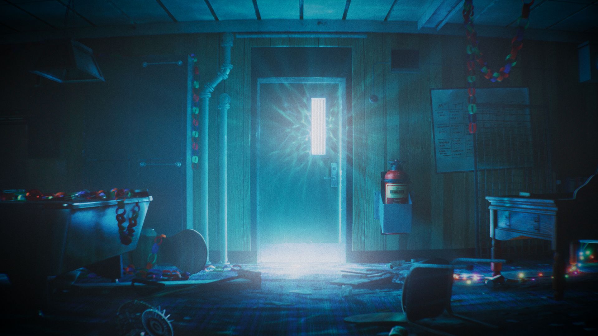 A eerie shot from Still Wakes The Deep where a Christmas get together has been abandoned and an otherworldly light pours from behind a door in the middle of the frame.
