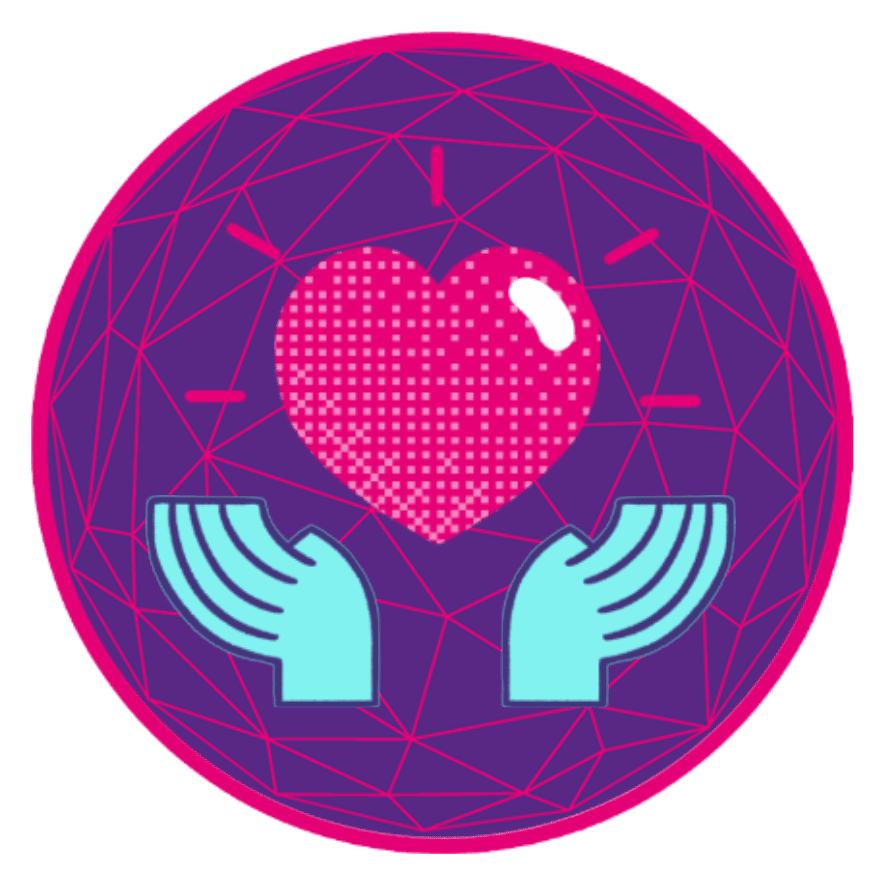A pink illustrated carton heart being held up by two blue hands on a purple circle background