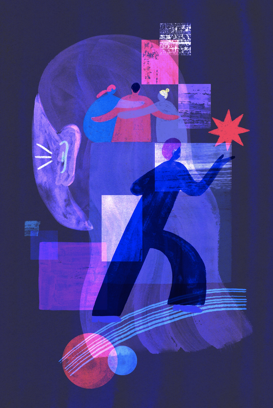 Illustration of abstract figures, one with a listening ear, one holding up a star, and a small group embracing each other