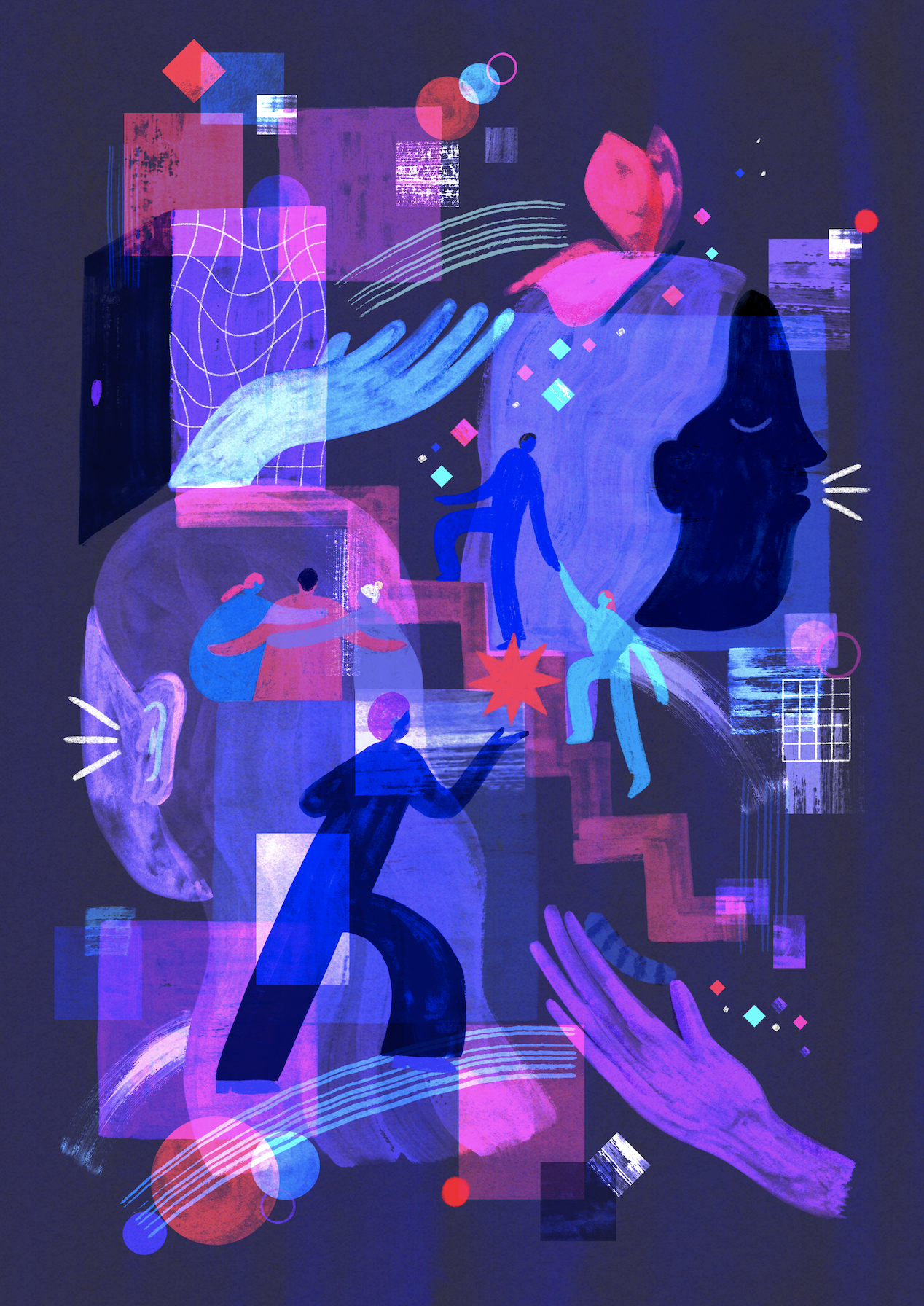Abstract illustration of community, involving figures helping one another up the stairs, a figure speaking and another listening, a hand letting go of a pink butterfly, and figures hugging each other