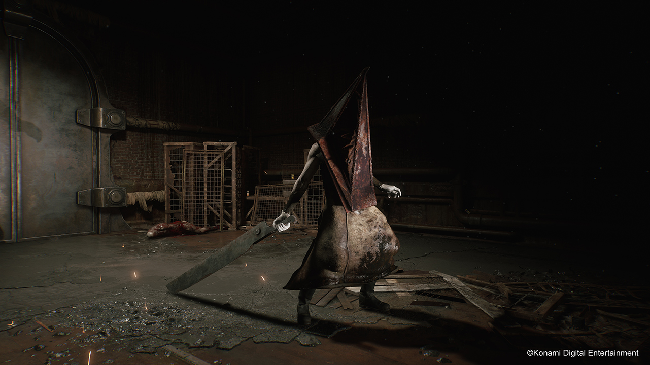 A still from the Silent Hill 2 remake which shows the menacing stance of the game's infamous monster, Pyramid Head.