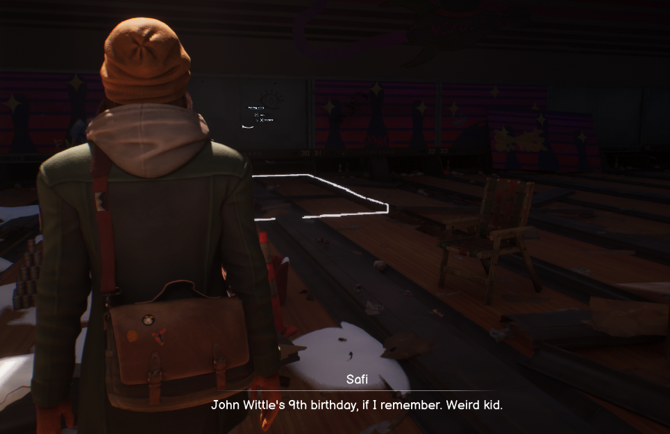 A still from the bowling alley scene during playtesting, where the far away interactables proved difficult to see.