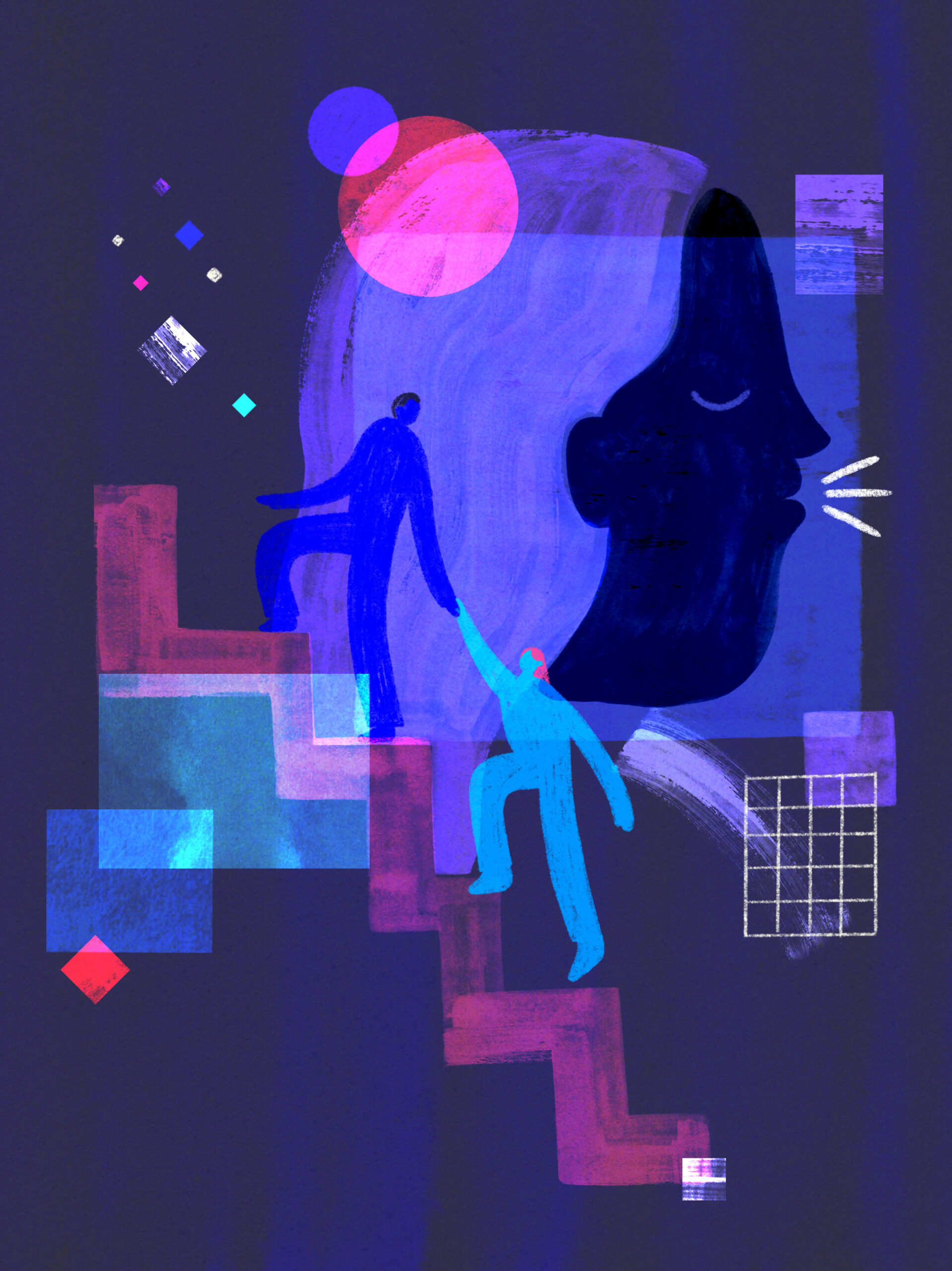Illustration of person speaking in the background, and in the foreground some stairs with two figures climbing and helping each other up the stairs