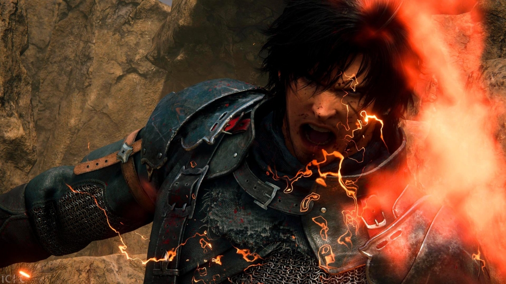 male character with black hair in the middle of combat, fire covers the right side of the image