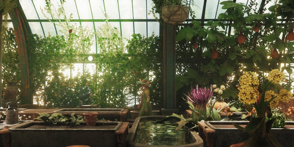 witch walking across greenhouse garden classroom, an array of plants in foreground