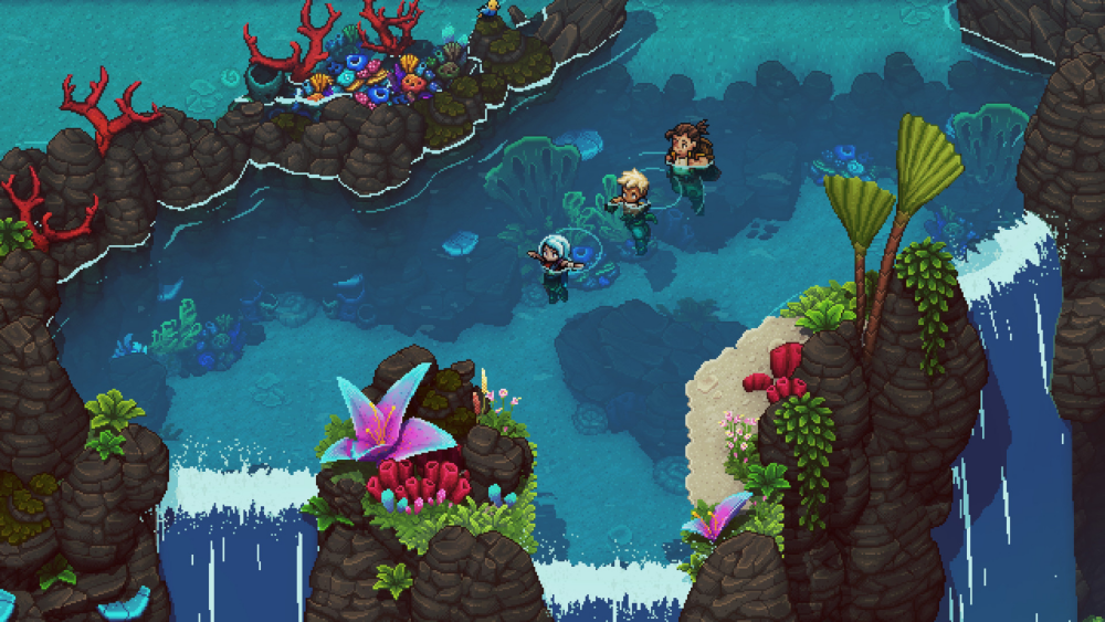 pixel art waterfall landscape with 3 characters swimming in the water, two male with brown and blonde hair and one female with blue hair