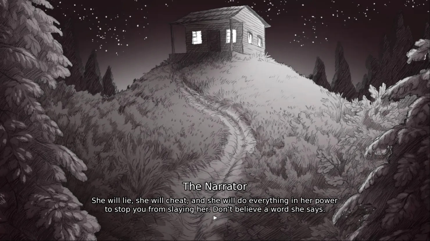 A still from Slay The Princess showing a cabin atop a hill at nighttime with a path before you running up to the door. 